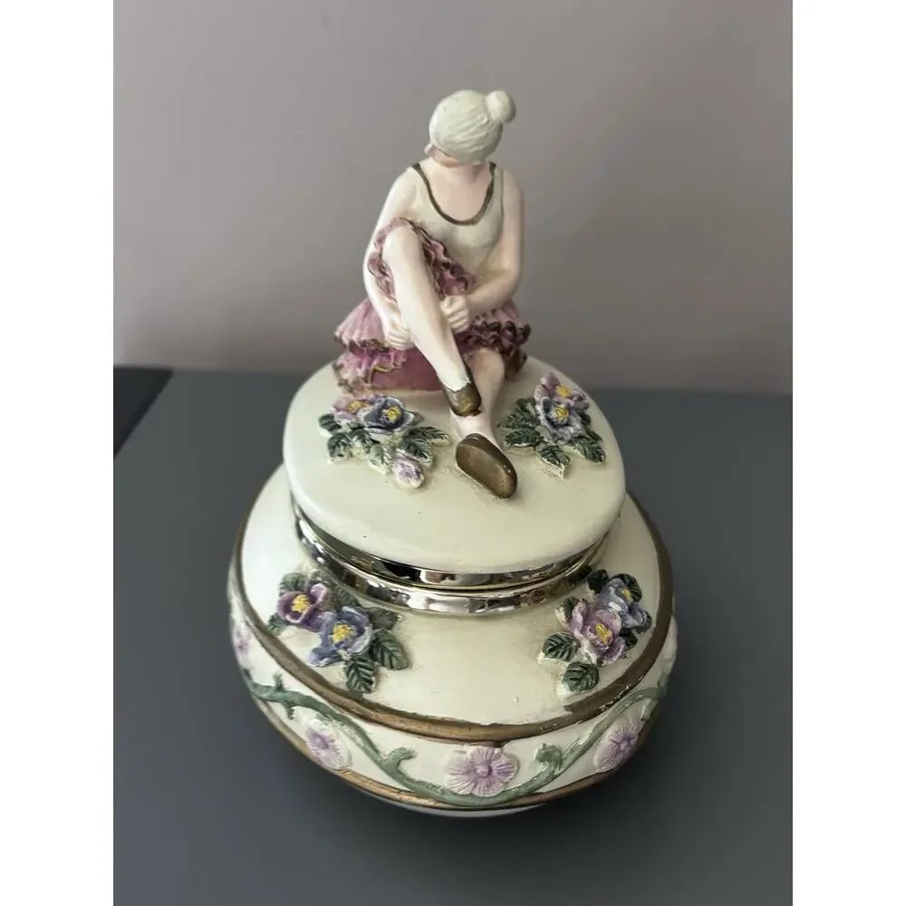 Vintage Ballerina Girl Trinket Box Jewelry Porcelain Floral Cottage Vanity MCM